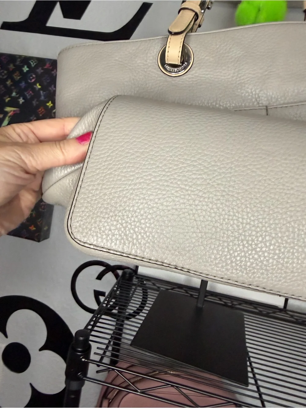 Michael Kors Pebbled Leather Tote Bag in Light Gray with Beige Handles